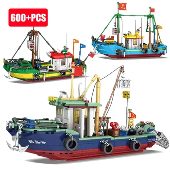 Orașul Barca de Pescuit a Navei Trawlboat Blocuri Model de Nava Pirat de Mare Fisher Cifre MOC Jucării pentru copii Copii Cadou de Ziua de nastere