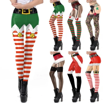 Femeile Crăciun Crăciun Jambiere Talie Inalta cu dungi arc Dantelă bell centura de imprimare 3D Pantaloni Sport Pantaloni