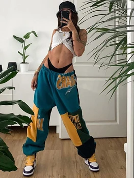 Streetwear Contrast de Culoare Despicare Liber Jogger Pant de Moda pentru Femei Talie Elastic Liber Sportiv Sweatpant Hip Hop Y2K Pantaloni
