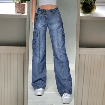 Y2K Harajuku Cargo Blugi Talie Mare Largi Picior Umflat Mama Denim Pantaloni 90 Vintage Moda pentru Femei Buzunare Supradimensionate, Pantaloni Lungi