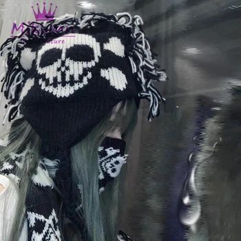 Harajuku Punk Skull Ciucure Negru Beanie Palarie Chic Design Pentru Femei De Iarnă De Protecție Pentru Urechi Cald Tricotate Capace De Streetwear