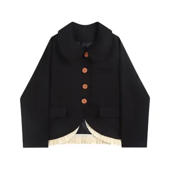 Mantou pentru femei Vintage Palton de Lână Agaric Dantela Mozaic Îmbrăcăminte exterioară Cald Single Breasted Guler Peter Pan Harajuku Vrac Straturi