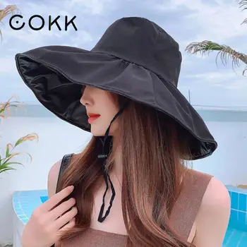 COKK Palarie de Soare pentru Femei de Vară în aer liber, Plajă Umbrelă de soare Protectie Uv Pescar Capac Margine Largă Culoare Solidă Doamnelor Pălării pe Cap, de sex Feminin Nou