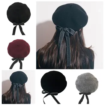 Personalitate Bowknot Lână Bereta la Modă Doamnelor Toamna și Iarna Muguri de Moda Cald Pictor Pălărie All-Meci Negru Octogonal Pălărie