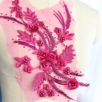 Șirag de mărgele de culoare fierbinte diamant broderie 3D de flori rochie de mireasa, manual diy material, haine de moda, patch-uri decorative