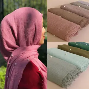 Simplu Încrețite Bumbac Maxi Musulmane Hijab Folie De Femei Doamnelor Eșarfă Șal Cap Înfășurați Margele Perla Eșarfe Cap Moale Toba Furat