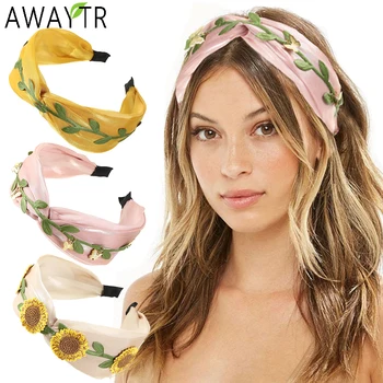 AWAYTR de Floarea-soarelui Rattan Bentita Nod Cruce Hairband Cerc Păr pentru Femei Elegante de Flori Largă Turban Benzi Accesorii de Par