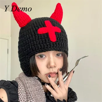 Y Demo Harajuku Halloween Amuzant Diavolul Ureche Cruce De Tricotat Manual Cald Căciuli De Iarnă Capac