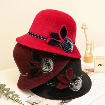 Toamna Iarna Femei Pălărie Elegant de Flori Bowler Doamnelor Lână Pălărie de Flori Bowler Găleată de Nunta Biserica Jazz Capac Negru de sex Feminin Bowler