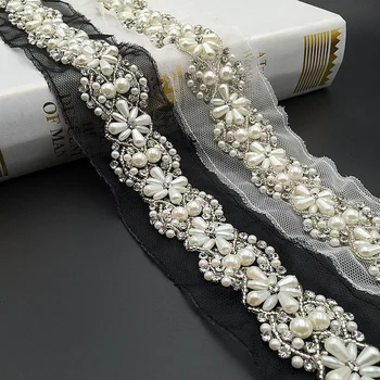 1Yard 5.5 cm alb/negru pearl margele dantelă asieta mireasa canatului de Mireasa Curea margele Garniturile de bijuterii Tapiterie