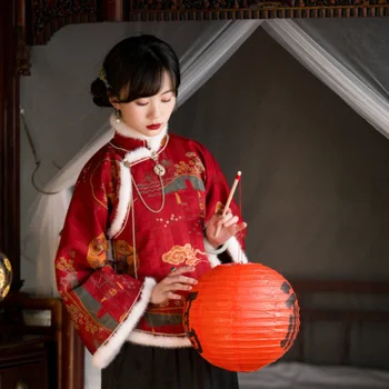 2022 Iarna Noi De Anul Nou Tradițional Moda Chineză Tang Costum De Top Pentru Femei Elegante Din Satin De Imprimare Se Ingroase Cald Cheongsam Sacou