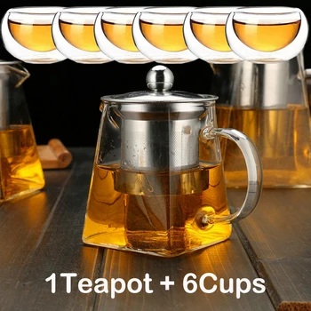 1pot 6cups Sticlă Rezistentă la Căldură Set de Ceai Cu Oțel Inoxidabil Filtru Infuzor Ceai Puer Fierbător Clar Pahar de Ceai Cana Ceainic