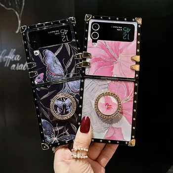 Retro Sclipici Pulbere Fluture Floare Telefon Acoperă Pentru Samsung Galaxy Z Flip 4 3 Caz Pătrat Punk Nit La Șocuri Inel Titular