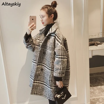 Haină de lână Femei Clasic de Iarna Carouri Mid-long Outwear Femei Buzunare Chic Liber 2XL Harajuku coreea Style All-meci Elegant