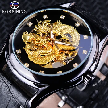 Forsining Dragon Chinezesc Design Cu Diamante Cadran Negru Auriu Bărbații Se Uită La Mâinile Luminos Top Brand De Lux Impermeabil Ceas Mecanic