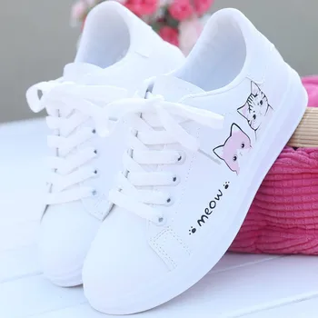 comemore 2021 Noua Moda Dantelă-up de Femei Adidasi Femei Pantofi Casual Imprimat Vara Femei Pu Pantofi Drăguț Pisica Panza Pantofi Albi