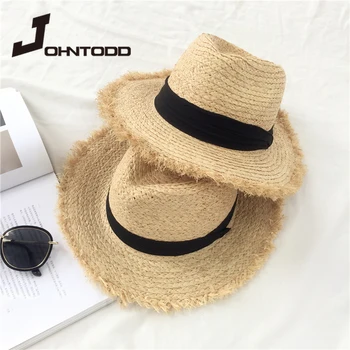 Naturale Mari Margine Largă floppy hat Rafie jazz Pălărie de Paie pentru Femei de Vară Franjuri Plajă Capac de mână Țese Palarie de soare cu ridicata plaja hat