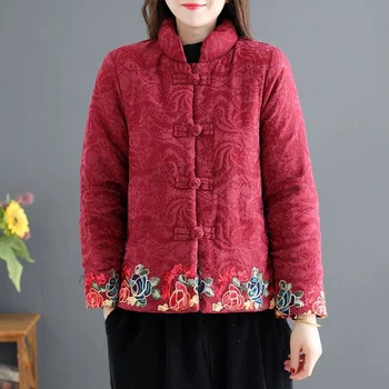 Iarnă Stil Național Broderie Îngroșa Blana Scurta Femei Chineză Stil Vintage Liber Căptușit Sacou Feminin Tradiție Tang Costum