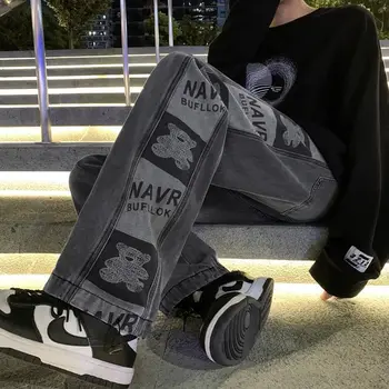 MINGLIUSILI Blugi Largi Femeie de Moda Harajuku Urs de Imprimare de Îmbinare Largi Picior Pantaloni Talie Mare Tendință de Pantaloni din Denim Transport Gratuit