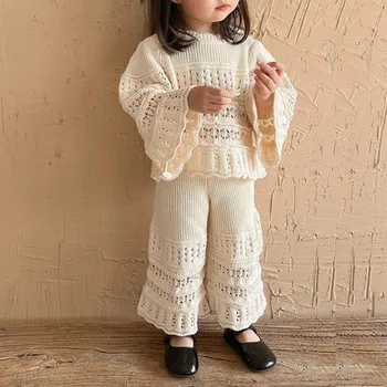 Vintage de Primăvară Copilul Fete Pulovere Costum Gol Afară de Tricot cu Maneca Lunga Copii, Bluze Copii, Camasi Elastic Talie Pantaloni 2-6 ani