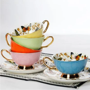 Cesti de cafea din Portelan de Inalta calitate Fluture Flori Ceașcă de ceai & Farfurie Set Ceai după-Amiaza Britanic timp de Cana Ceramica Birou Drinkware