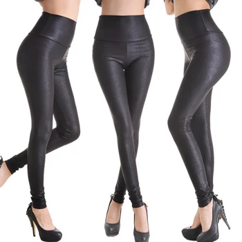 Femei Sexy Pantaloni Din Imitatie De Piele Aspect Mat Pantaloni Talie Mare Întindere De Piele Neagră, Pantaloni Slim Jambiere