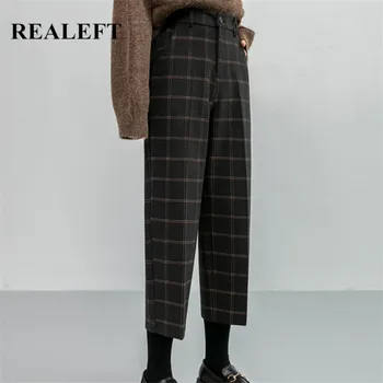 REALEFT 2021 Noi de Iarna Vintage Carouri Lână Pantaloni de Moda de Talie Înaltă, Buzunare Îngroșa Cald Lungime de Glezna Pantaloni Casual, de sex Feminin