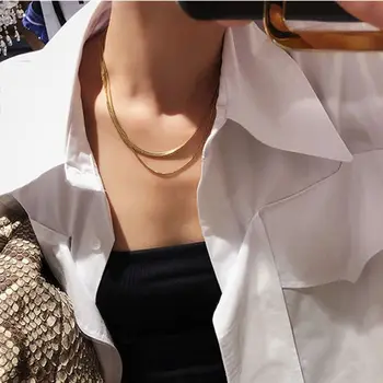 Dublu Strat Farmecul Femei Șarpe Lanț Cravată Colier de Aur de Argint de Culoare Plat Spic Colierele Link-ul Pentru Fete 4mm Collier Femme
