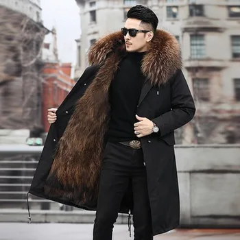 Omul Hanorac de Iarna elegant Sacou Lung Streetwear rusă 7XL Real Haină de Blană de Vulpe Naturala Raton Guler de Blană cu Glugă Groasă Haină Călduroasă