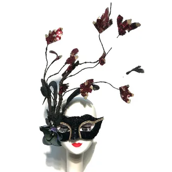H3362 Negru Paiete Dantelă Pene Masca Fata De Halloween Petrecere De Crăciun Mingea Ramură De Flori Accesorii Femei Elegant Printesa Măști