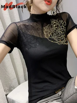 MadBlack Vara Haine coreene Plasă de Moda T-Shirt Sexy Mock Neck Diamante Stralucitoare Femei Topuri cu Maneci Scurte 2022 Teuri T26011L