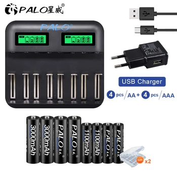 PALO 1.2 V 3000mah AA Baterie Reîncărcabilă+1100mah Baterie AAA cu Ecran LCD Inteligent USB Încărcător de Baterie pentru AA AAA C D a Bateriei