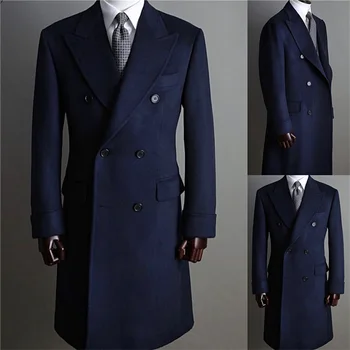 Bărbați de Lână Palton Formale Bleumarin Bărbați Costume Groase Personalizate Dublu Rânduri Fracuri Atins Rever Blazer de Afaceri Haină Lungă