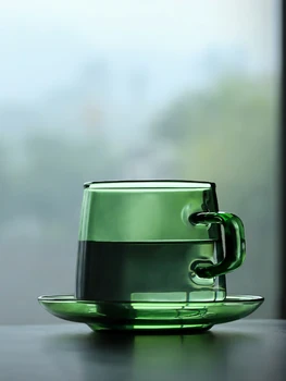 Retro Căldură-rezistent Pahar de Cafea Ceai Lapte Set de Ceasca Verde Portocaliu 2 Culori Japonia Stil Ceasca+Farfurie 350ml Manual Drinkware