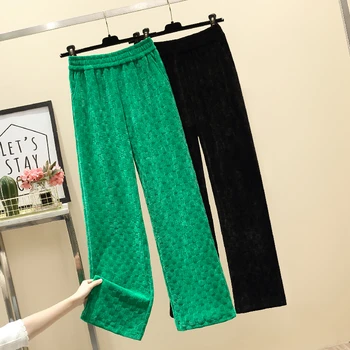 Toamna femei Pantaloni Largi Picior Plus Dimensiune Pantaloni Jacquard Verde Carouri Pantaloni Elastic Talie Mare Libertate Casual Pantaloni Drepte