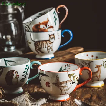 Arici, Vulpe, Cerb Mână-pictat Ceramica Cana de Cafea cu Maner după-Amiază de Ceai Ceașcă de uz Casnic de Flori Ceașcă de Ceai de Animale de Pădure Cani
